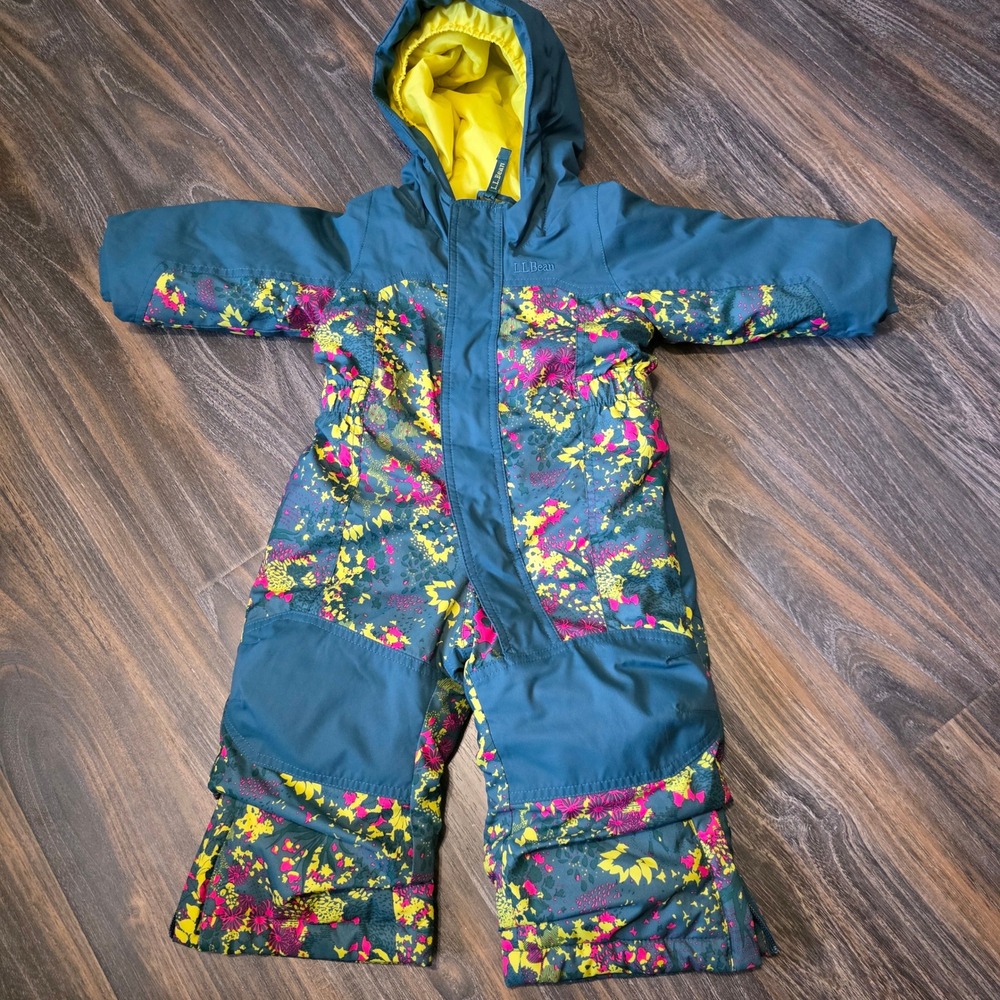 LL Bean Kids Cold Buster Snow Suit 12-18M Teal Floral Insulated One Piece Hooded